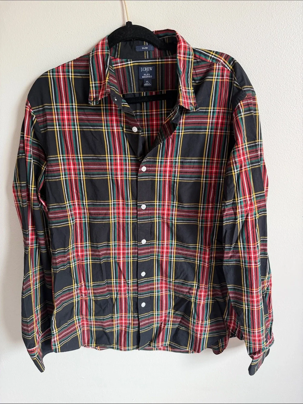 Men’s J. Crew Black Red Yellow Plaid Slim Button-Down Shirt Size XL
